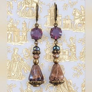 Victorian Purple Amethyst Opal Crystal & Glass Drop Earrings In Brass